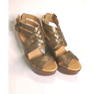 Kork-Ease Monroe Sandal Womens Sz 7 Leather Wedge Metallic Bronze Strappy